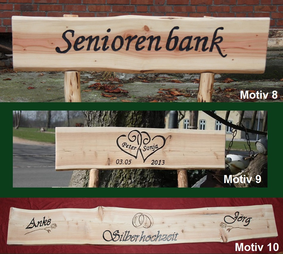 Holzbank, Bank Sitzbank Rundholzbank Tisch Gartenmöbel mit Gravur 1,2m
